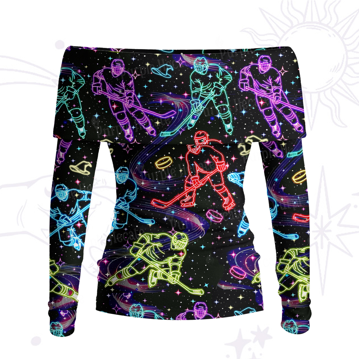 Purplehecate Neon Night Hockey Off Shoulder Long Sleeve Knit Top