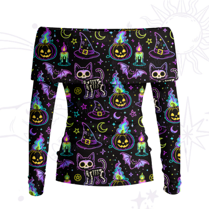 Purplehecate Neon Halloween Skeleton Cat Off Shoulder Long Sleeve Knit Top