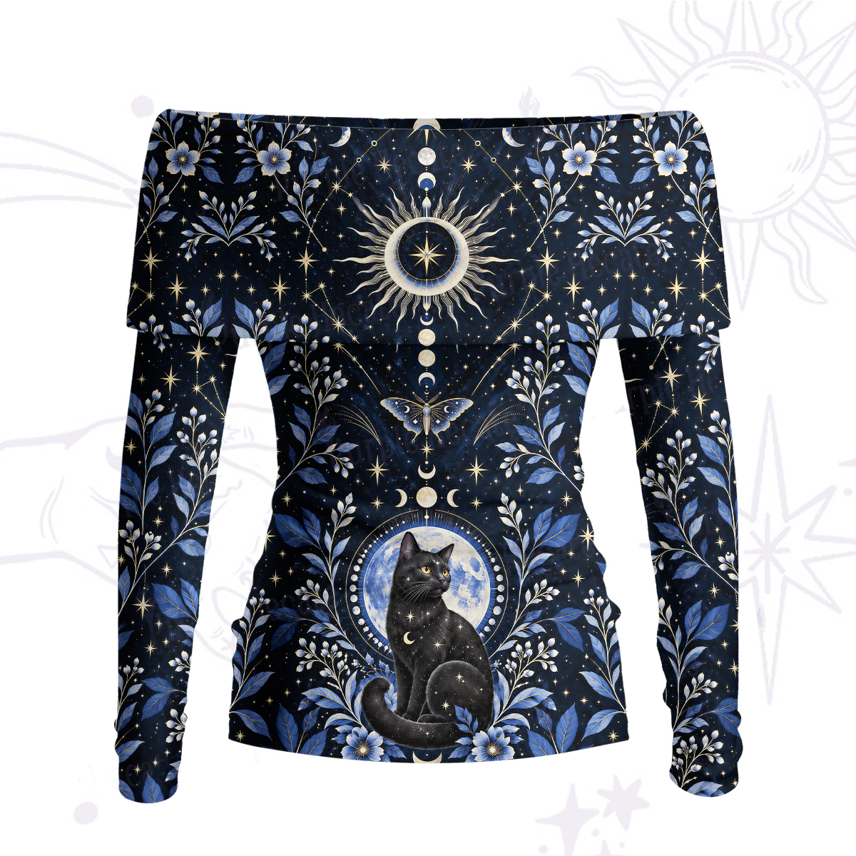 Purplehecate Lunar Oracle Witch's Cat Off Shoulder Long Sleeve Knit Top