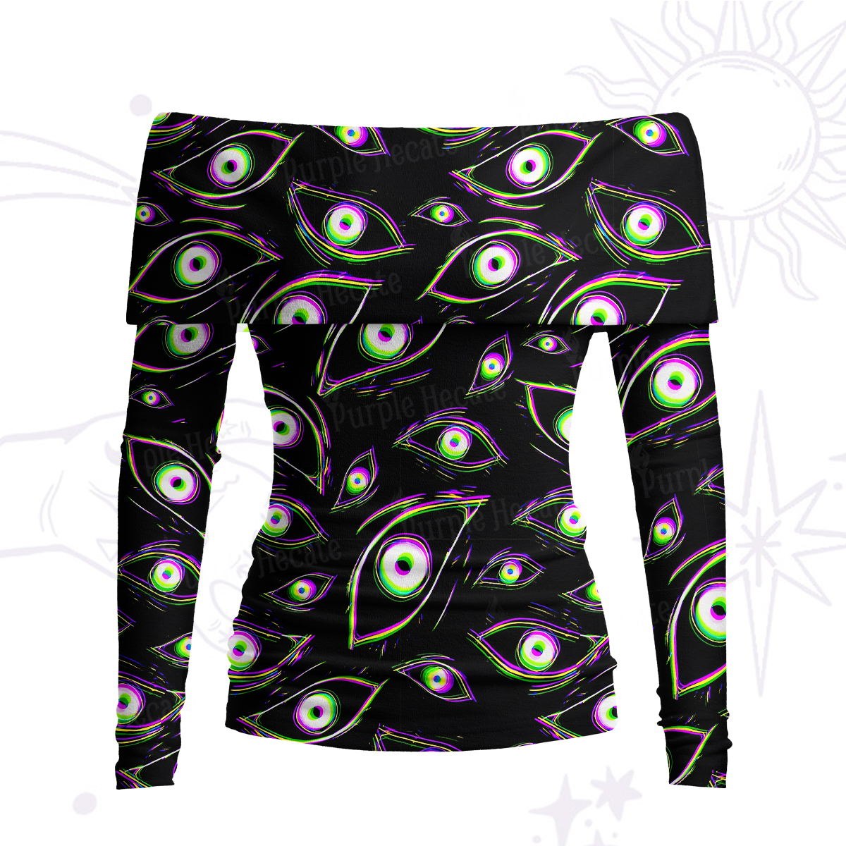 Purplehecate Glitch Vision Off Shoulder Long Sleeve Knit Top