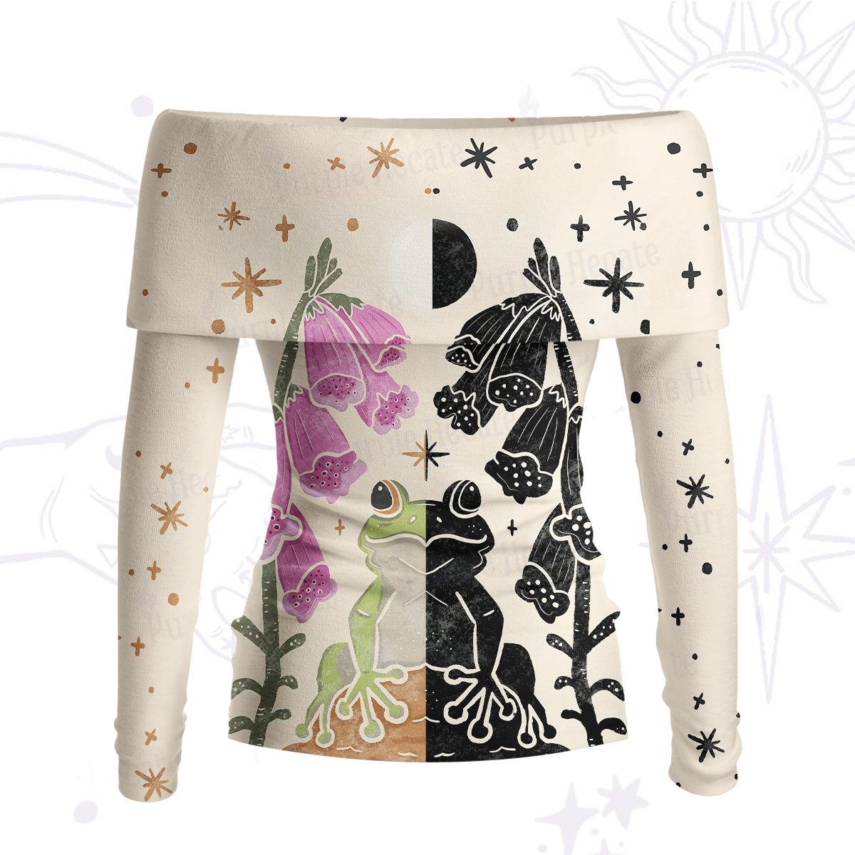 Purplehecate Dual-Tone Frog Garden Off Shoulder Long Sleeve Knit Top