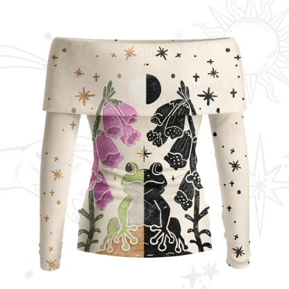 Purplehecate Dual-Tone Frog Garden Off Shoulder Long Sleeve Knit Top