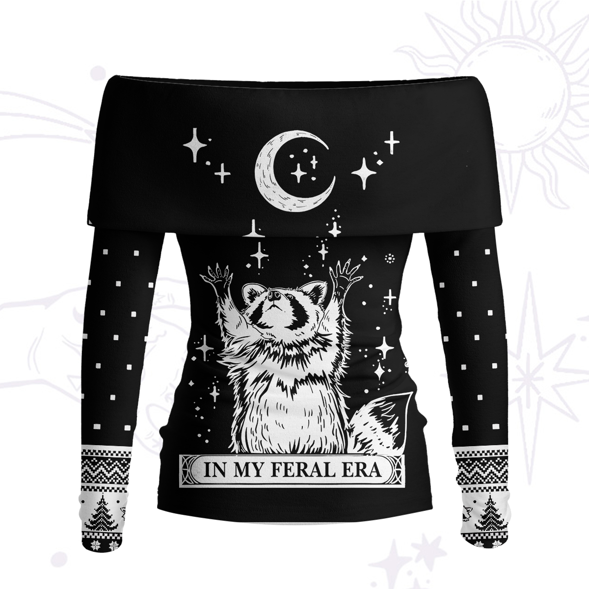Purplehecate In My Feral Era Raccoon Off Shoulder Long Sleeve Knit Top