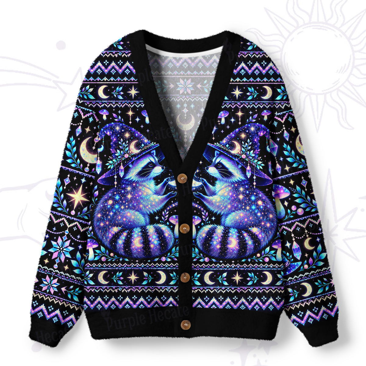 Purplehecate Aurora Magic Raccoon Moonlight Ugly Cardigan Sweaters