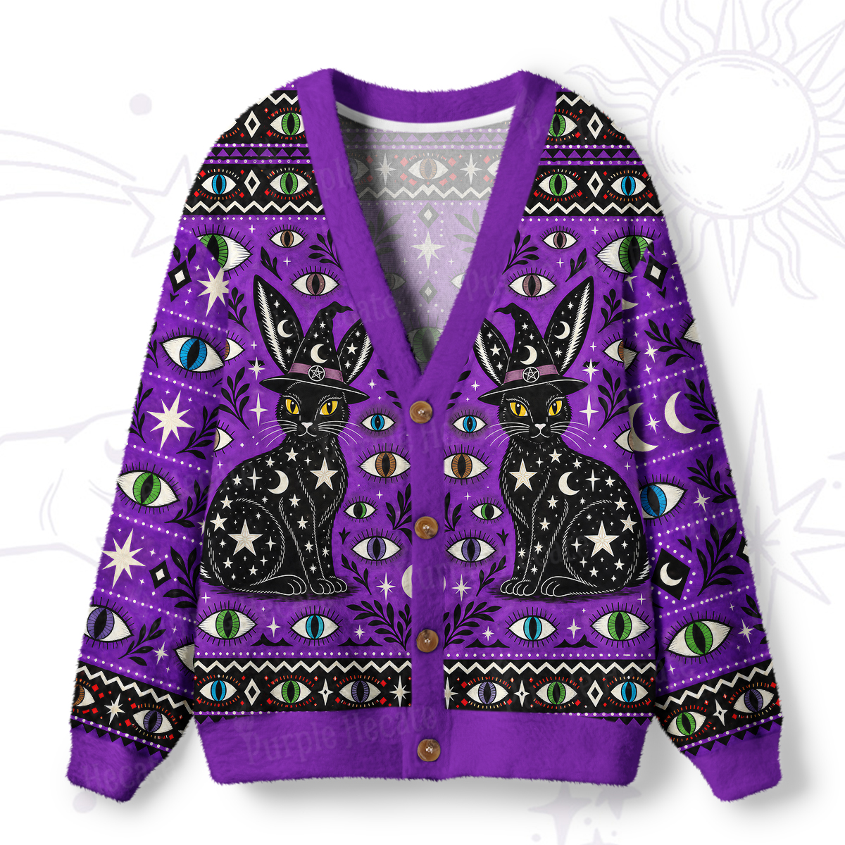 Purplehecate Visionary Eyes & Astrological Black Bunny Ugly Cardigan Sweaters