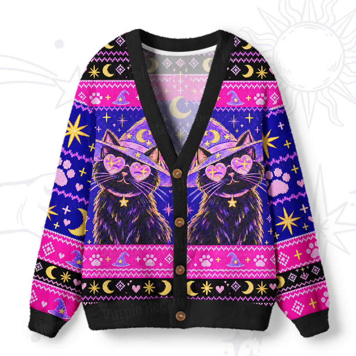Purplehecate Vintage Witchcraft Cat with Heart Glasses Ugly Cardigan Sweaters