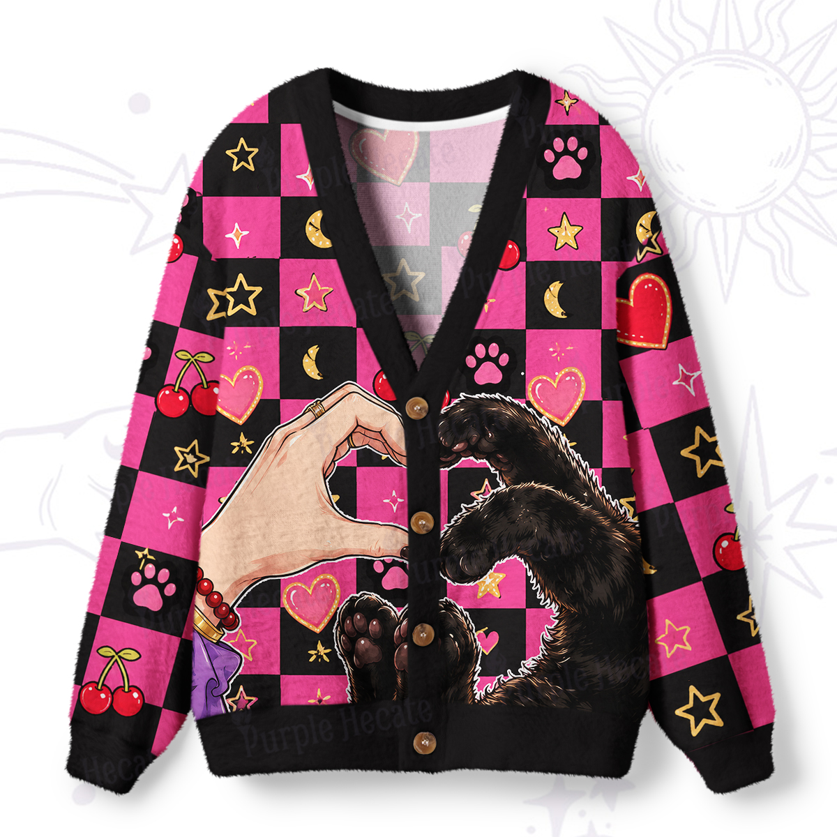 Purplehecate Cat Paw Heart Ugly Cardigan Sweaters