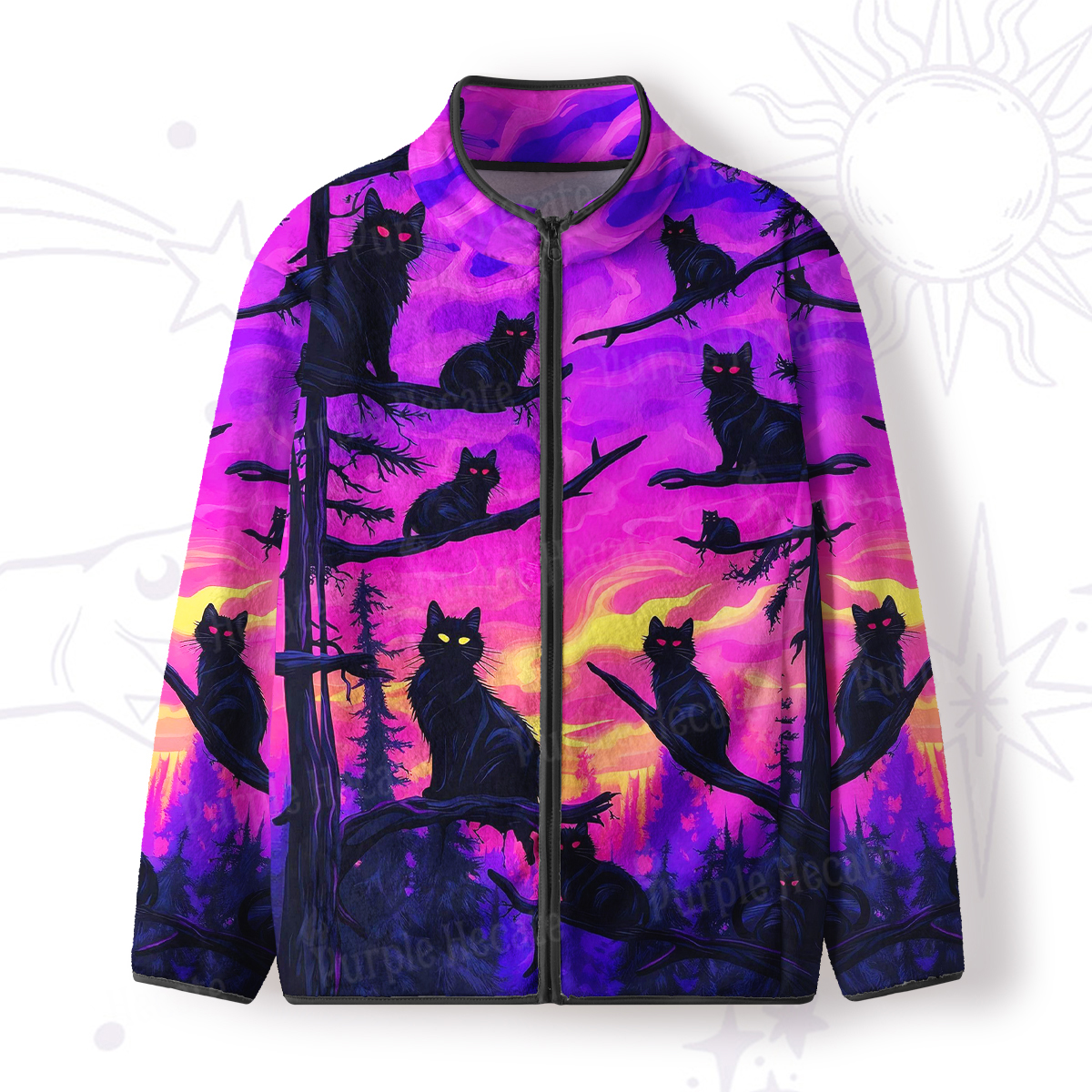 Purplehecate Twilight Forest Guardian Cat Full Zip Fleece Jacket