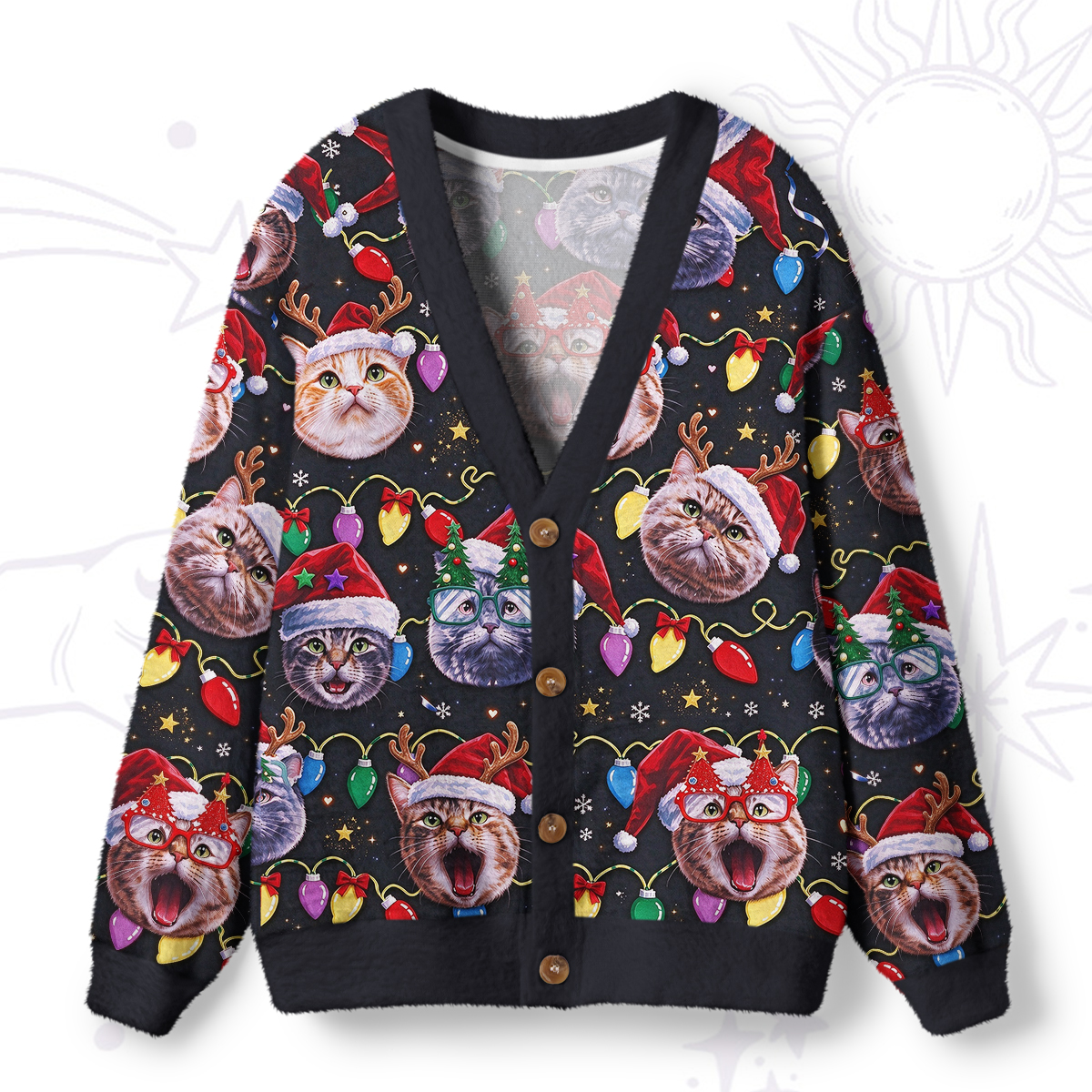 Purplehecate Meowy Christmas Cat Party Ugly Cardigan Sweaters