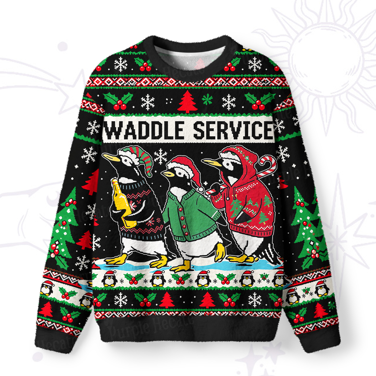 Purplehecate Tipsy Penguin Waddle Service Christmas Fuzzy Ugly Sweatshirt