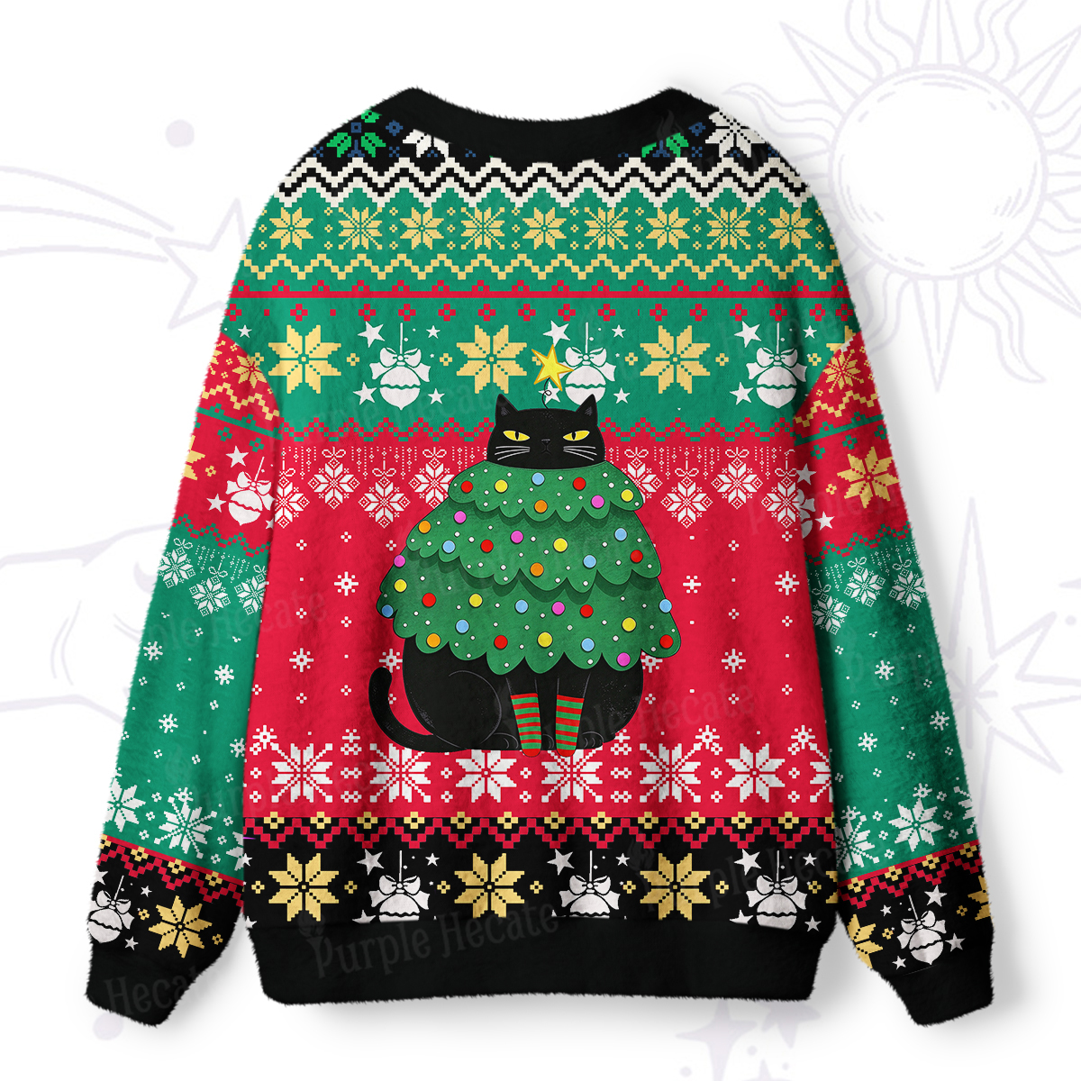 Purplehecate Chonky Black Cat Christmas Tree Ugly Cardigan Sweaters
