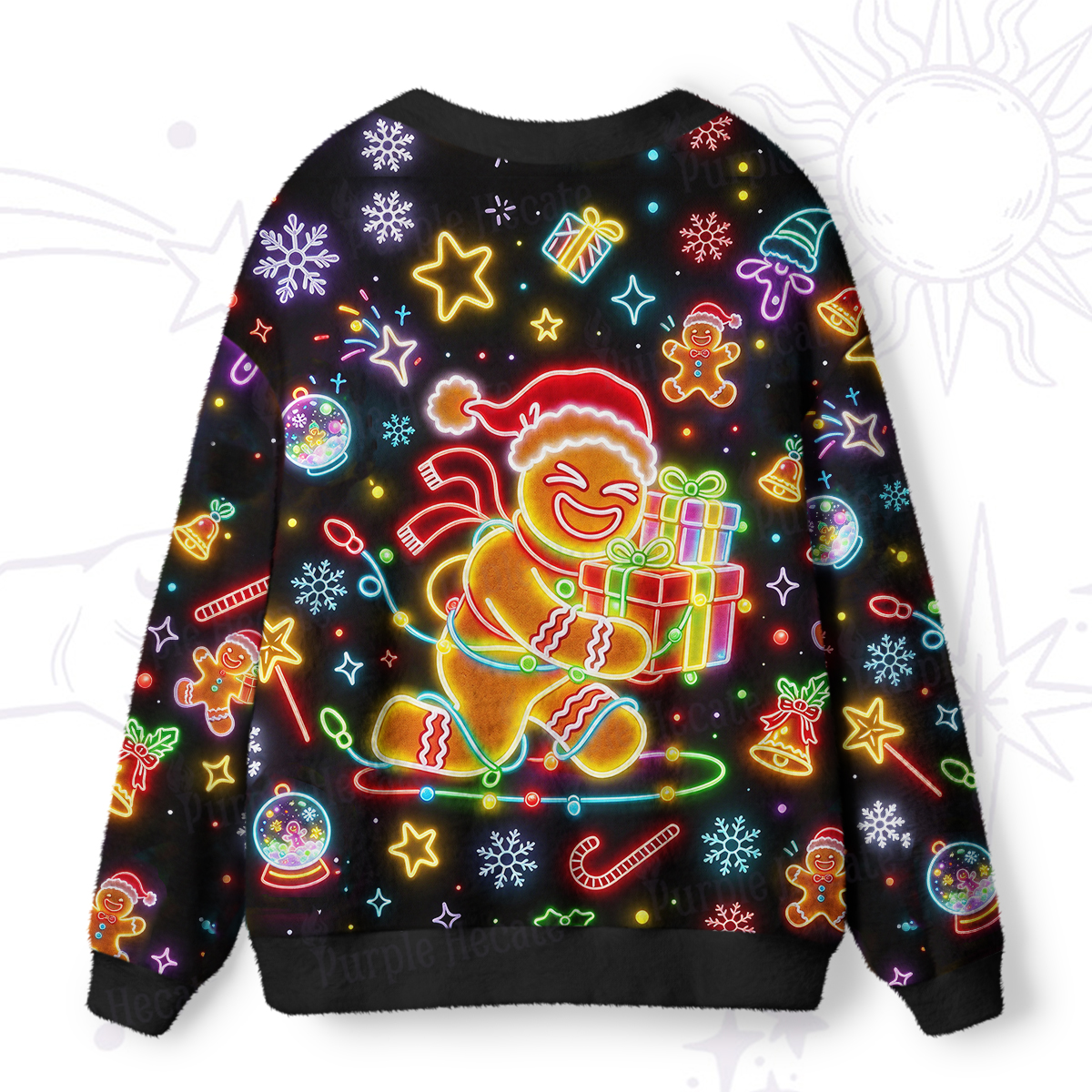 Purplehecate Neon Glow Gingerbread Man Ugly Cardigan Sweaters