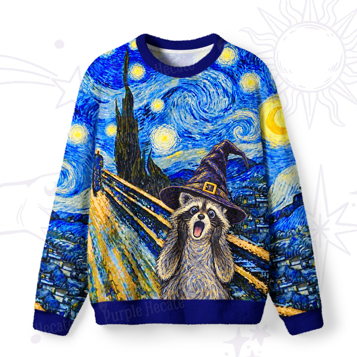 Purplehecate Starry Night Scream Raccoon Wizard Fuzzy Ugly Sweatshirt