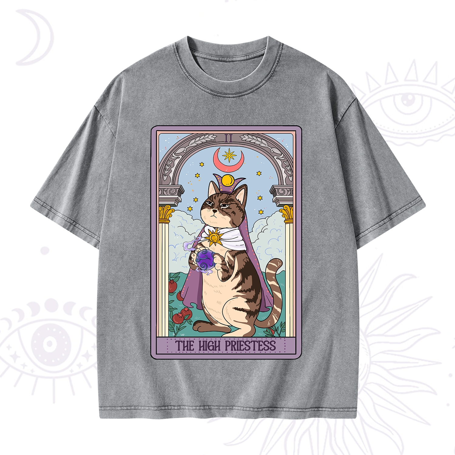 Purplehecate The High Priestess Cat Tarot Washed T-Shirt