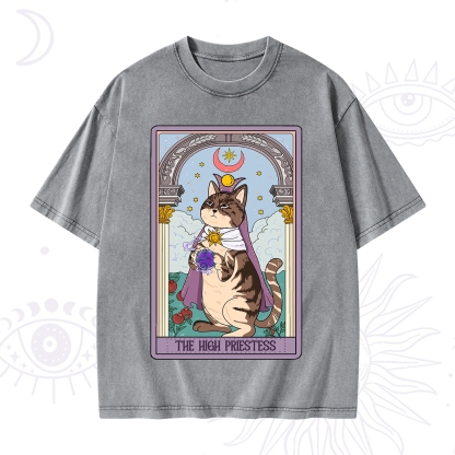 Purplehecate The High Priestess Cat Tarot Washed T-Shirt