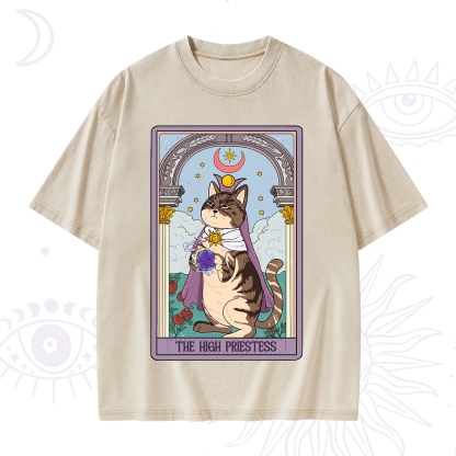Purplehecate The High Priestess Cat Tarot Washed T-Shirt