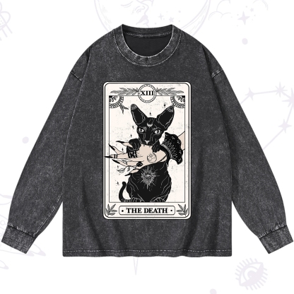 Purplehecate The Death Cat Tarot Washed Long Sleeve Shirt