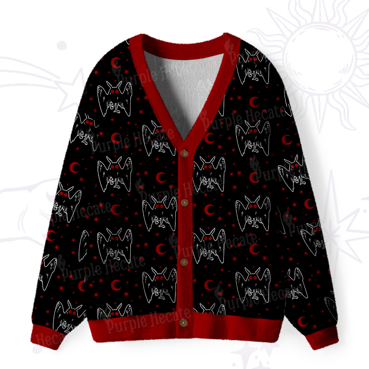 Purplehecate Witchy Mothman Night Ugly Cardigan Sweaters
