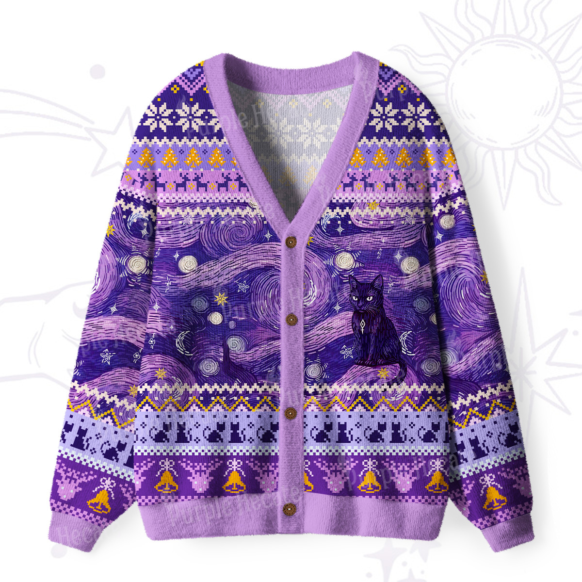 Purplehecate Mystic Cat Beneath the Cosmic Veil Ugly Cardigan Sweaters