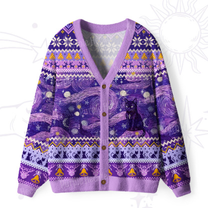 Purplehecate Mystic Cat Beneath the Cosmic Veil Ugly Cardigan Sweaters