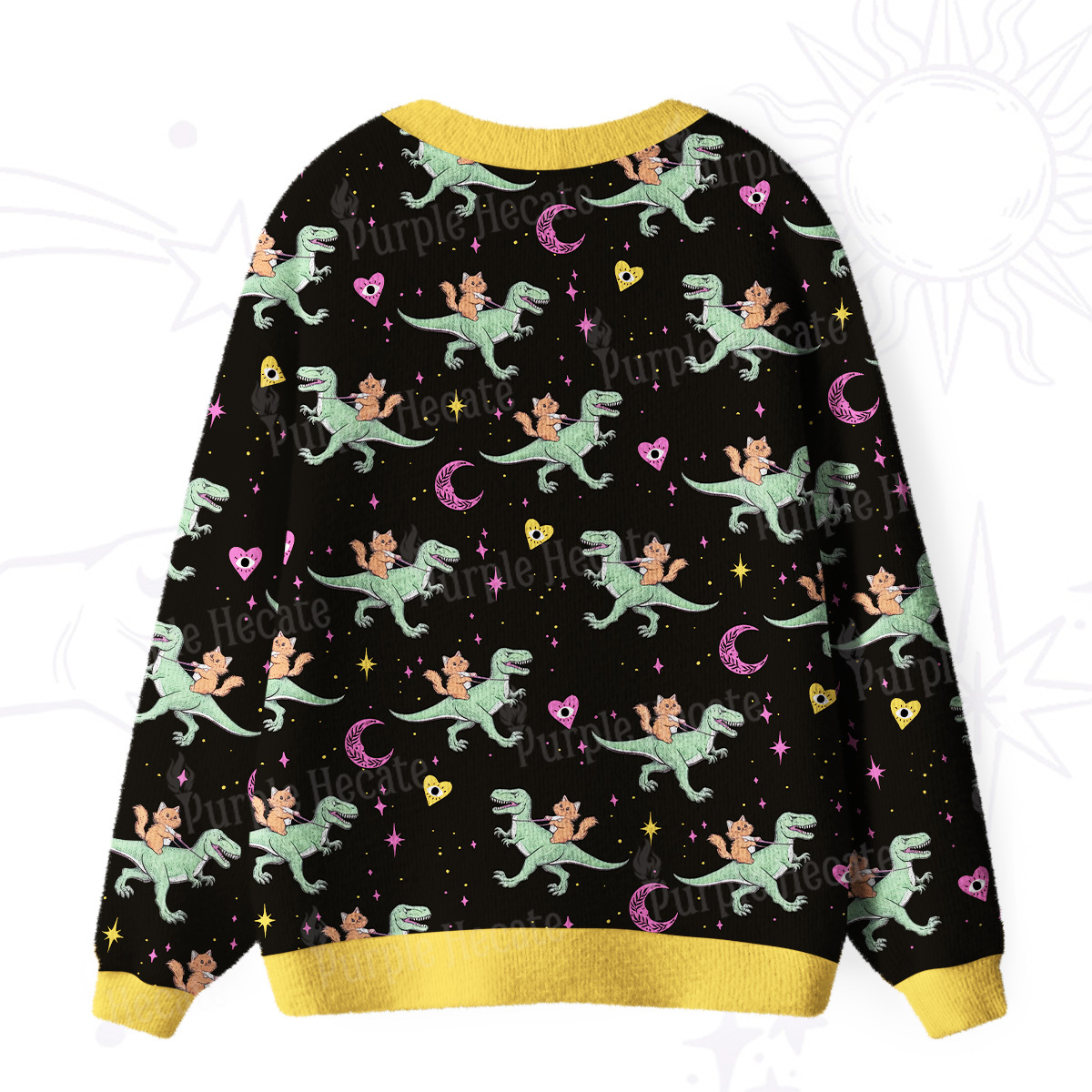 Purplehecate Witch Cat Rides the Dino Ugly Cardigan Sweaters