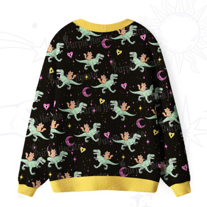 Purplehecate Witch Cat Rides the Dino Ugly Cardigan Sweaters
