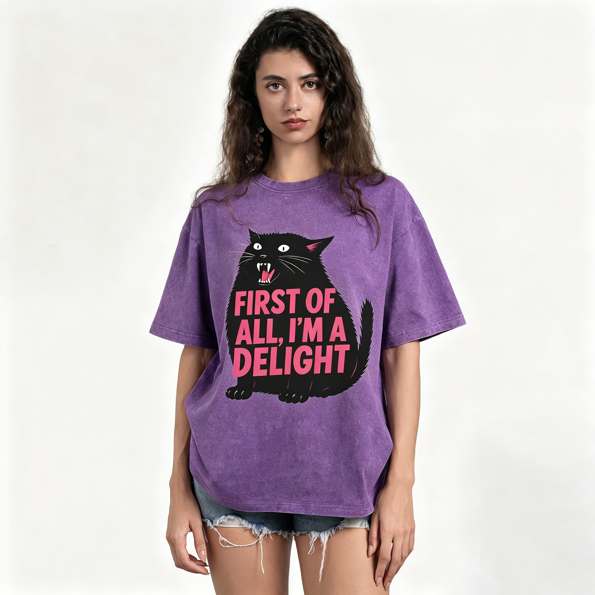 Purplehecate First Of All I'm A Delight Cat Washed T-Shirt