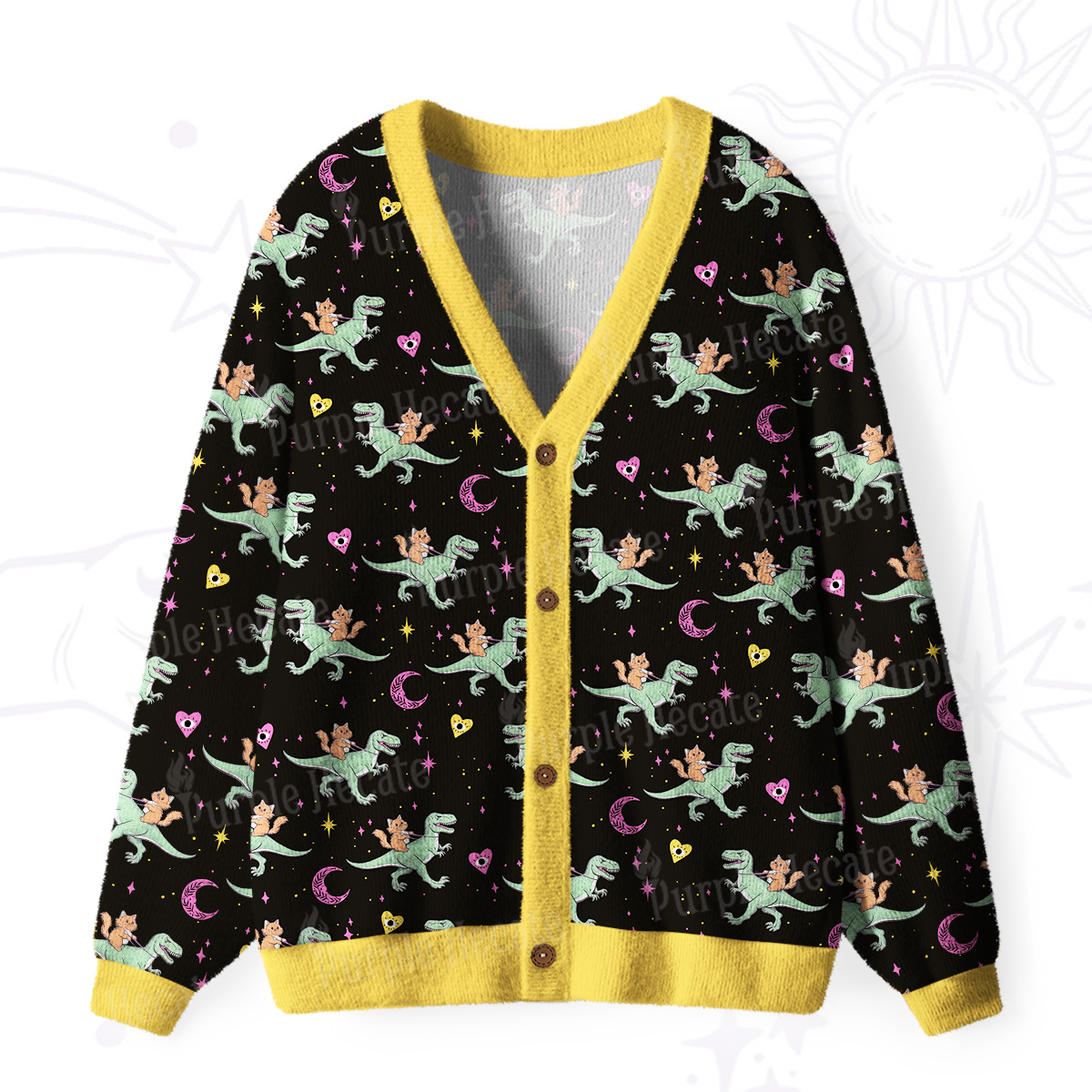 Purplehecate Witch Cat Rides the Dino Ugly Cardigan Sweaters