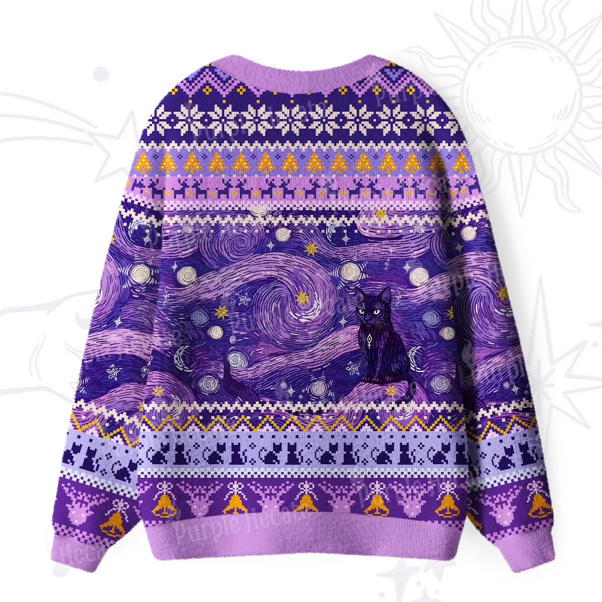 Purplehecate Mystic Cat Beneath the Cosmic Veil Ugly Cardigan Sweaters