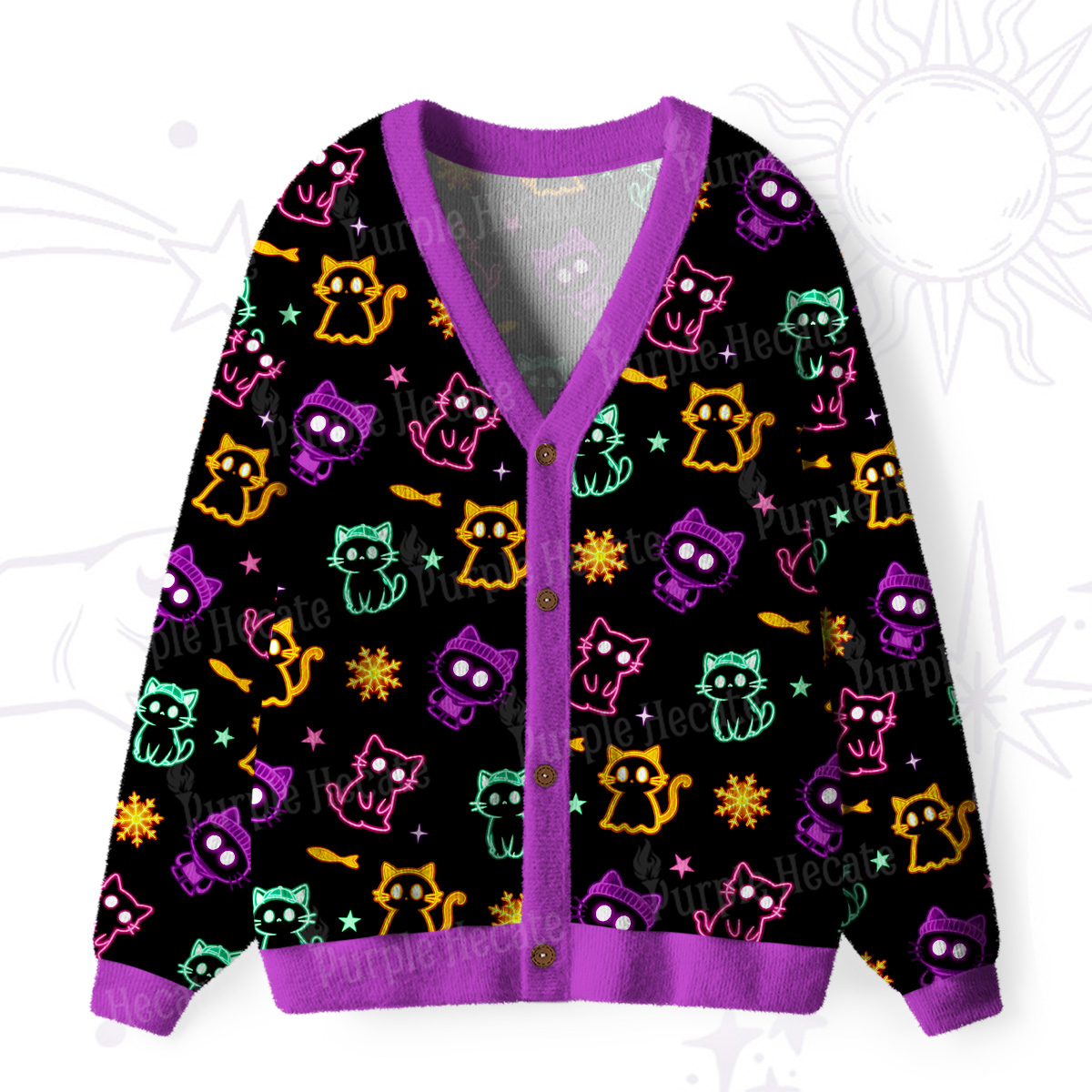 Purplehecate Neon Cat Party Ugly Cardigan Sweaters