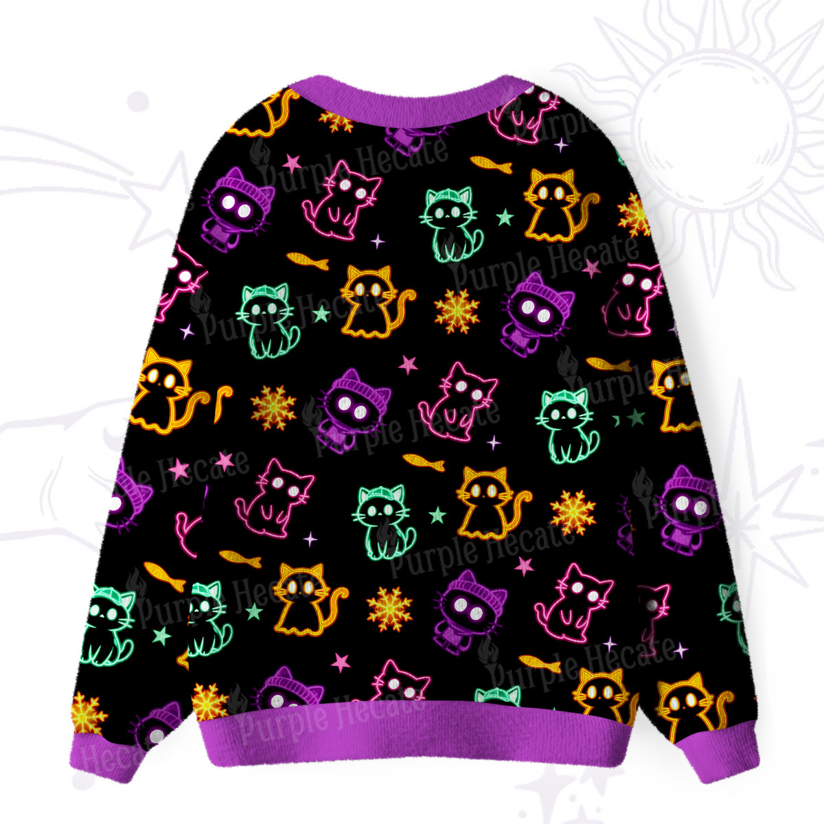 Purplehecate Neon Cat Party Ugly Cardigan Sweaters