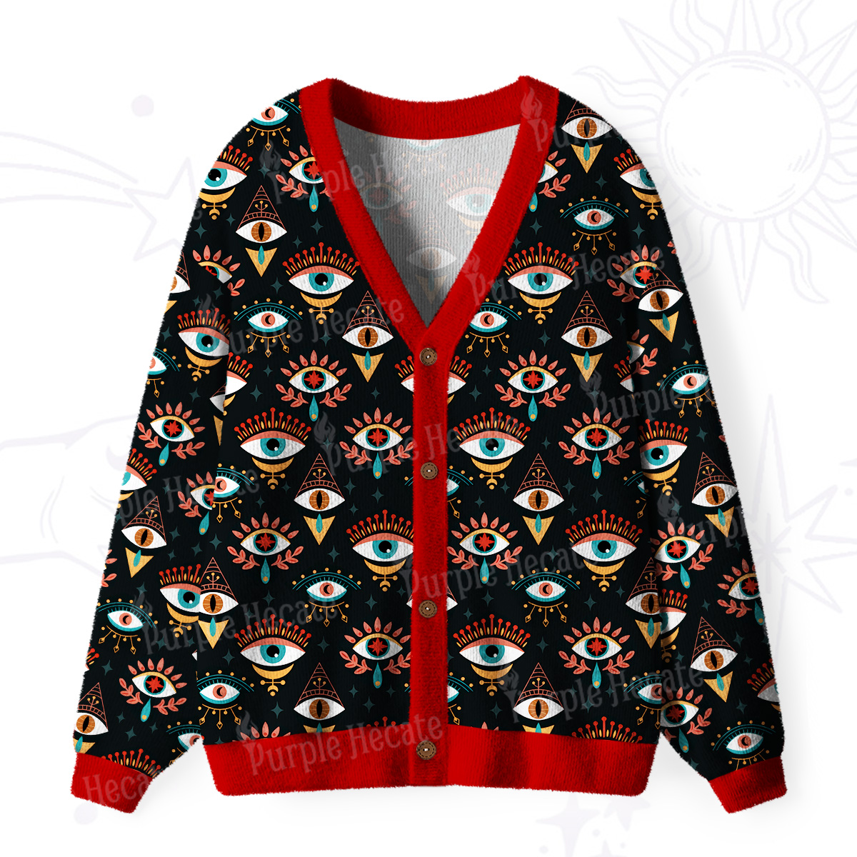 Purplehecate Evil Eye Pattern Ugly Cardigan Sweaters