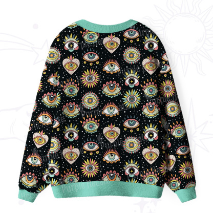Purplehecate Mystical Evil Eye Pattern Ugly Cardigan Sweaters