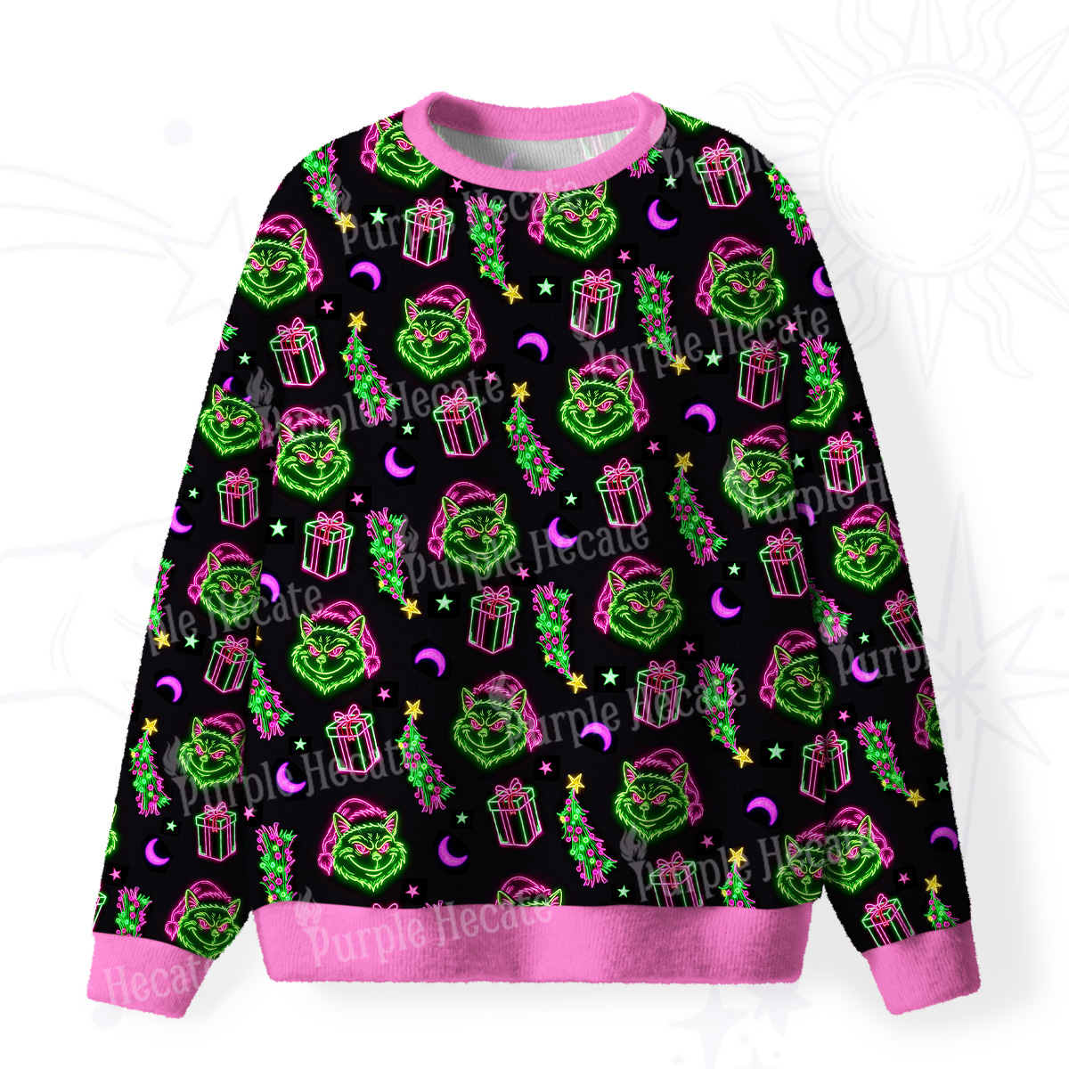 Purplehecate Witchy Neon Naughty Cat Fuzzy Ugly Christmas Sweatshirt