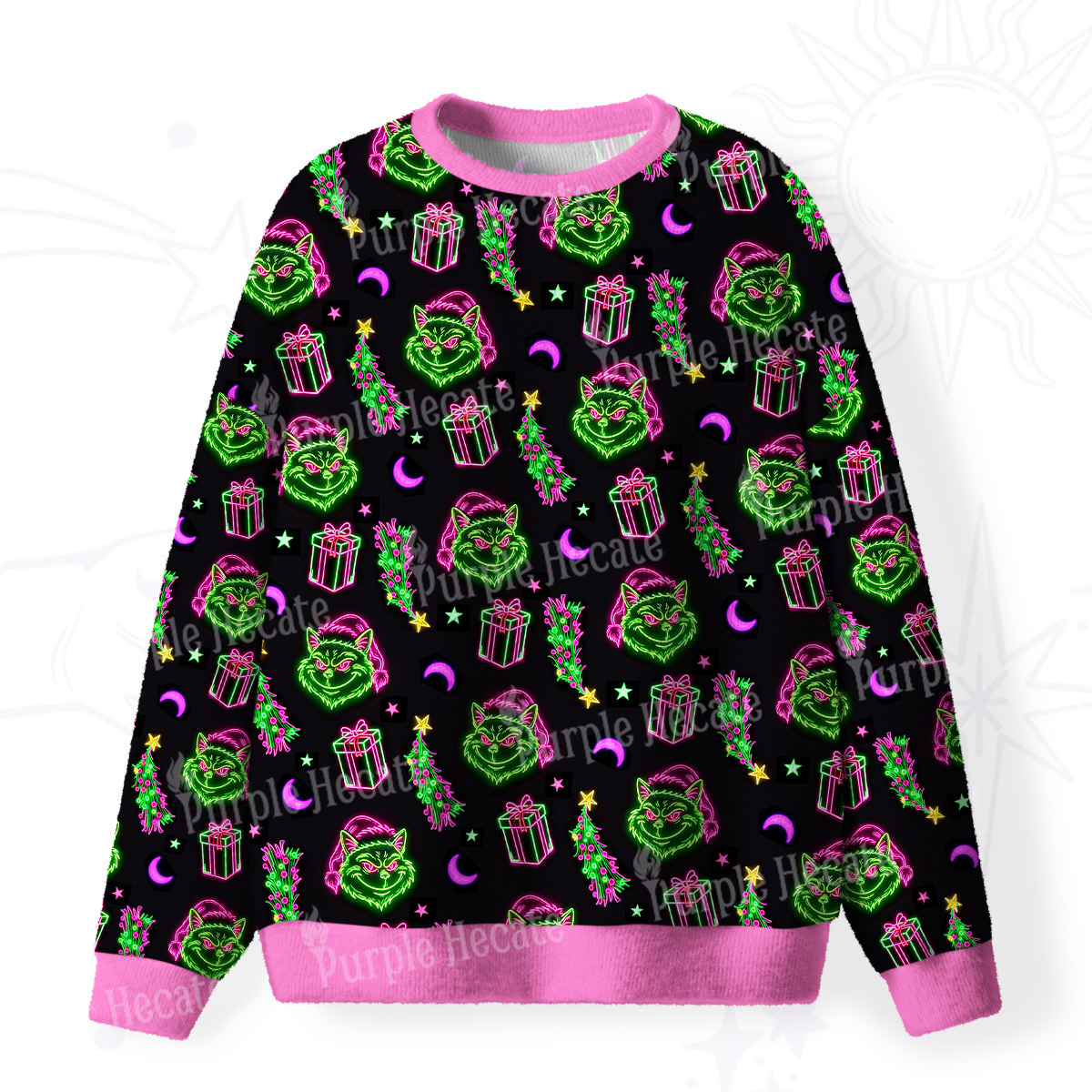 Purplehecate Witchy Neon Naughty Cat Fuzzy Ugly Christmas Sweatshirt