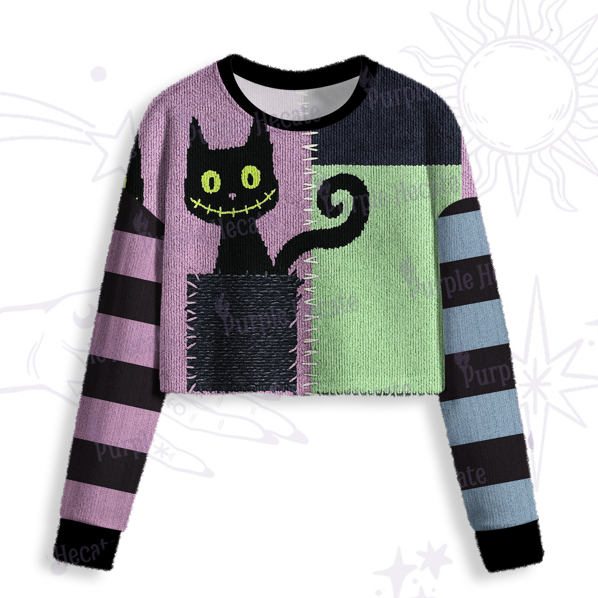 Purplehecate Monster Black Cat Crop Fuzzy Ugly Sweatshirt