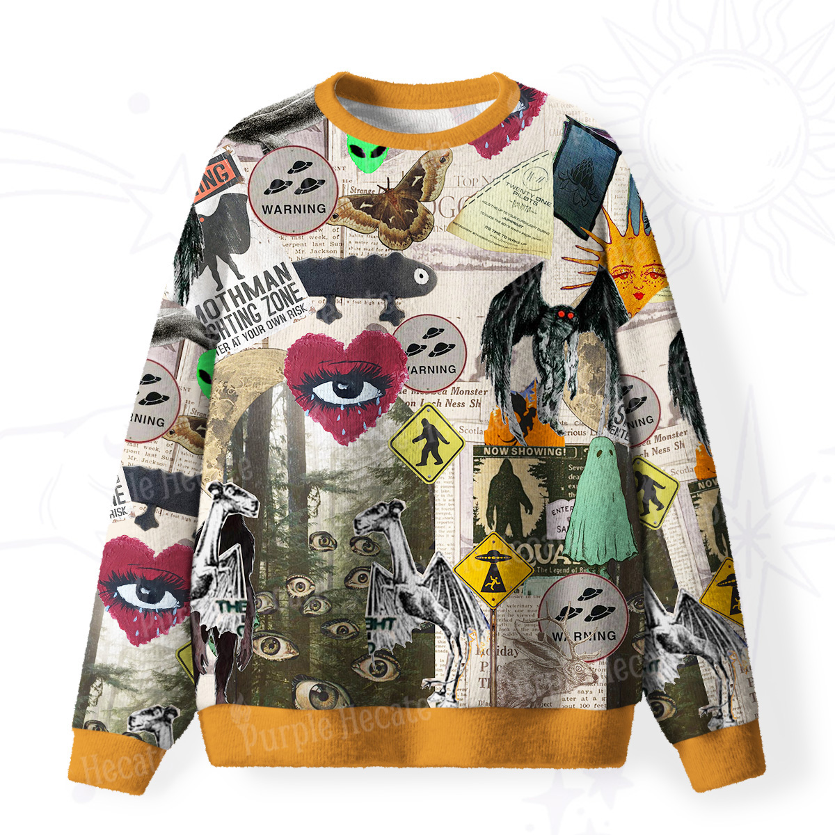 Purplehecate Cryptid Warning Collage Fuzzy Ugly Christmas Sweatshirt