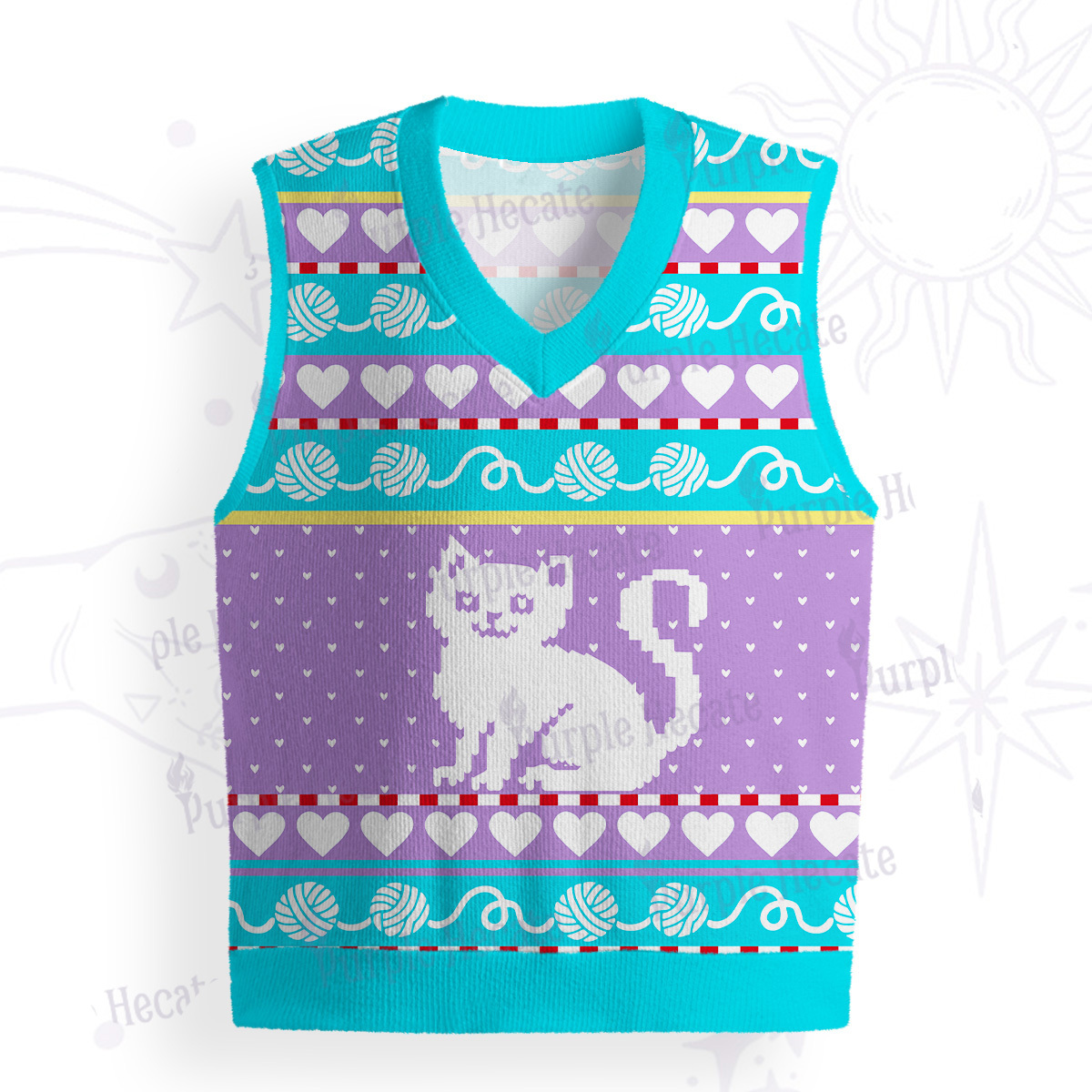 Purplehecate Whimsical Cat and Yarn Ugly Sweater Vest
