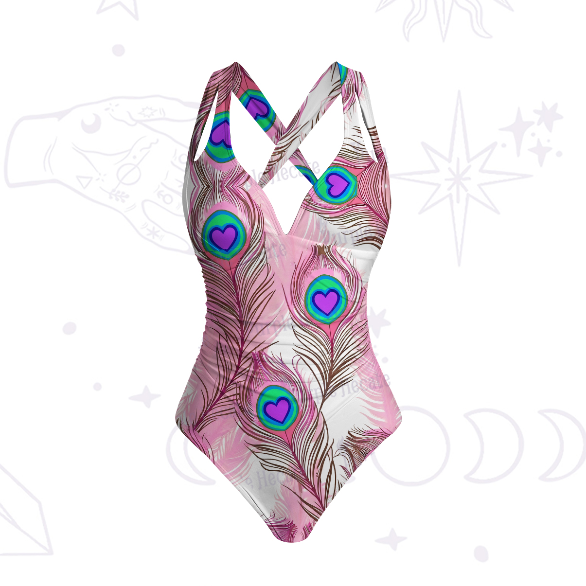 Purplehecate Peacock Feathers Heart One-Piece Swimsuit