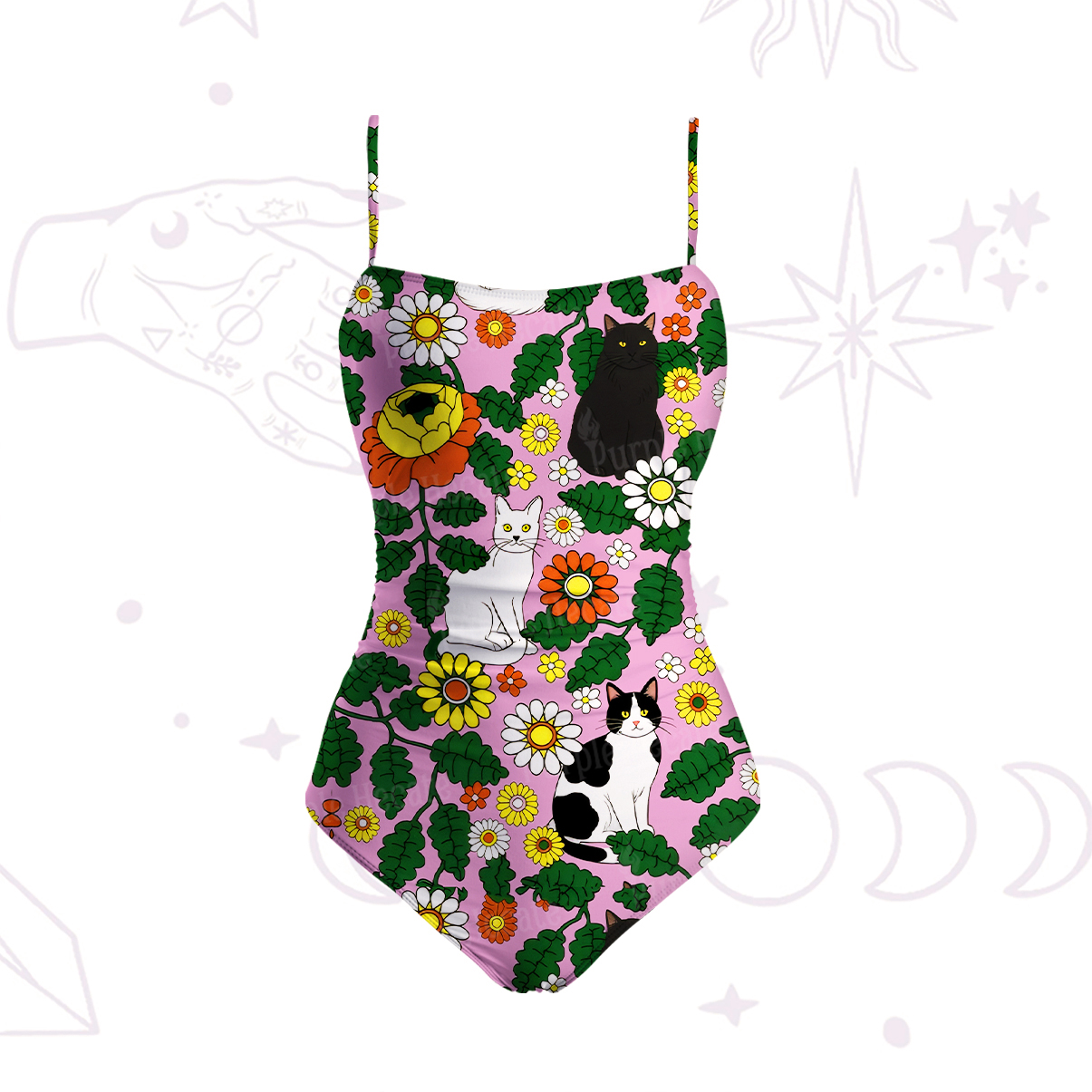 Purplehecate Daisy Cat  Garden Slim-Strap Swimsuit