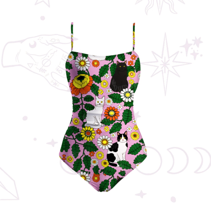 Purplehecate Daisy Cat  Garden Slim-Strap Swimsuit