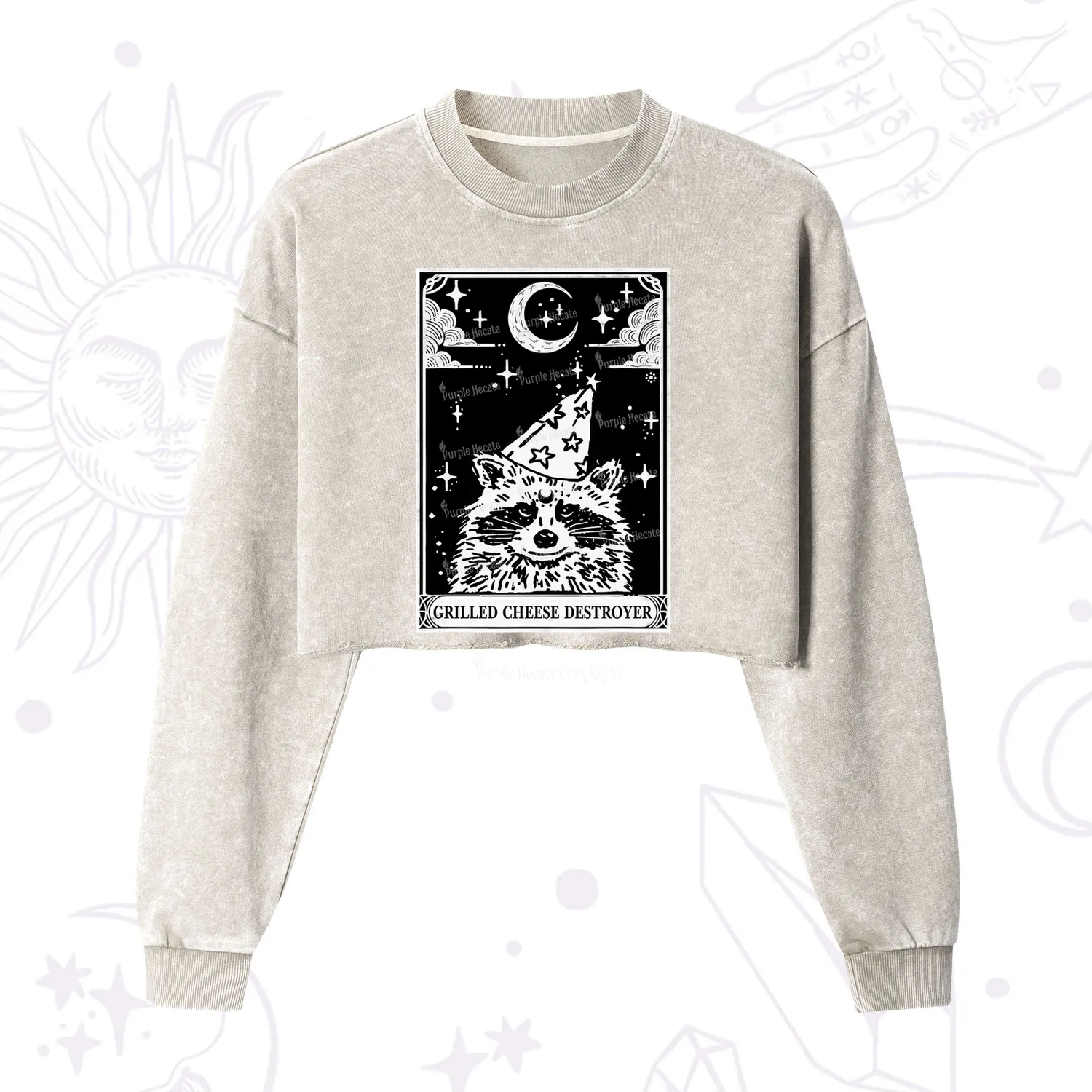 Purplehecate The Grilled Cheese Destroyer Tarot Raccoon Cropped Washed Sweatshirt