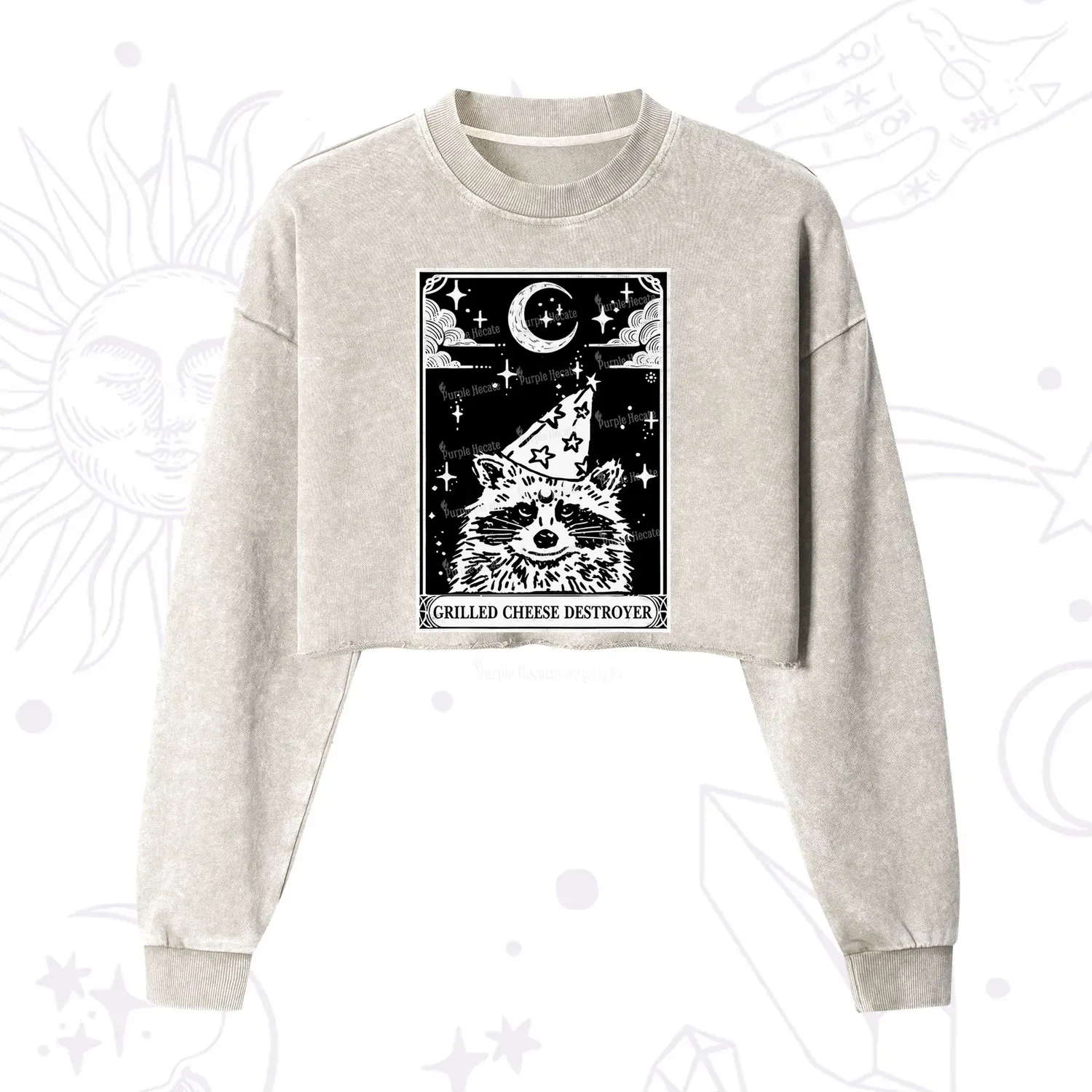 Purplehecate The Grilled Cheese Destroyer Tarot Raccoon Cropped Washed Sweatshirt