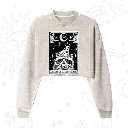 Purplehecate The Grilled Cheese Destroyer Tarot Raccoon Cropped Washed Sweatshirt