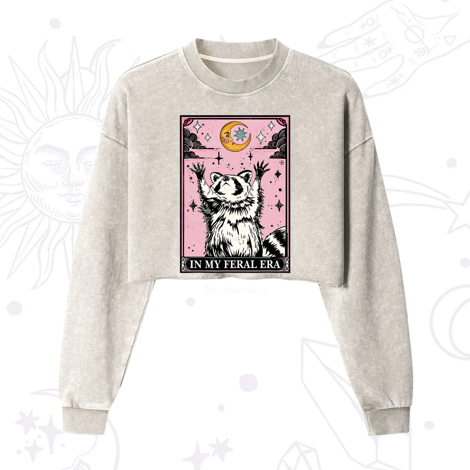 Purplehecate The In My Feral Era Tarot Raccoon Cropped Washed Sweatshirt