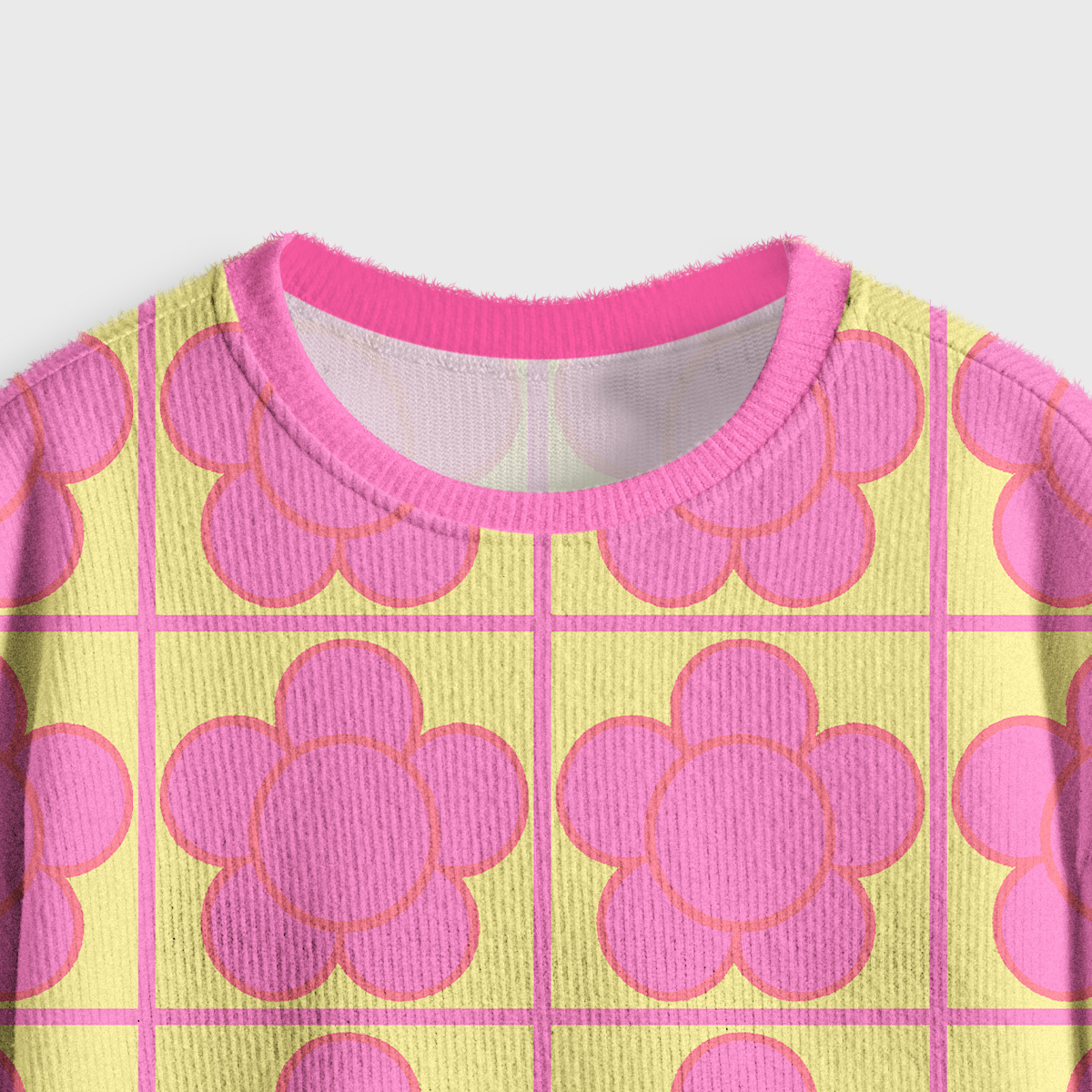 Purplehecate Bubble Flower Checkered Crop Fuzzy Ugly Sweatshirt