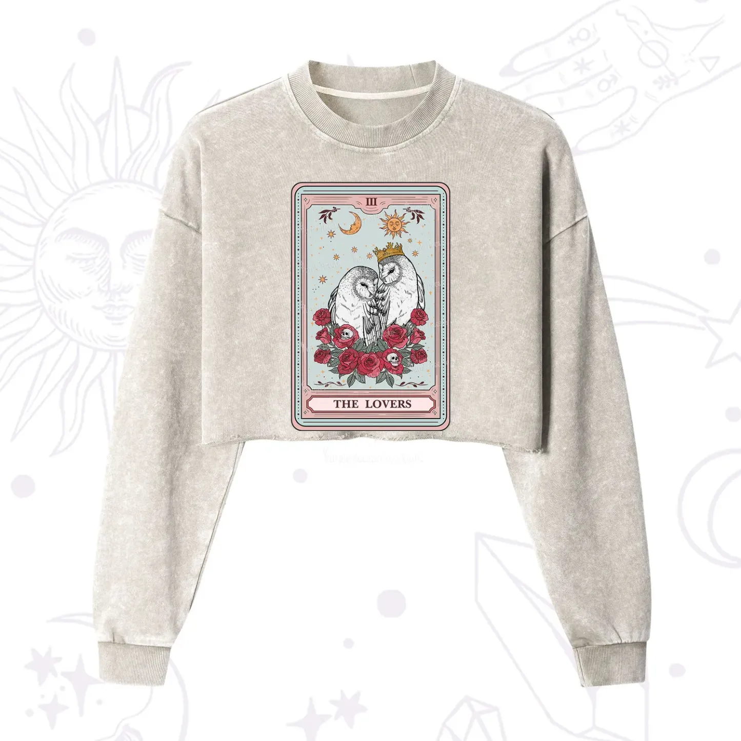 Purplehecate The Lovers Owls Tarot Card Cropped Washed Sweatshirt