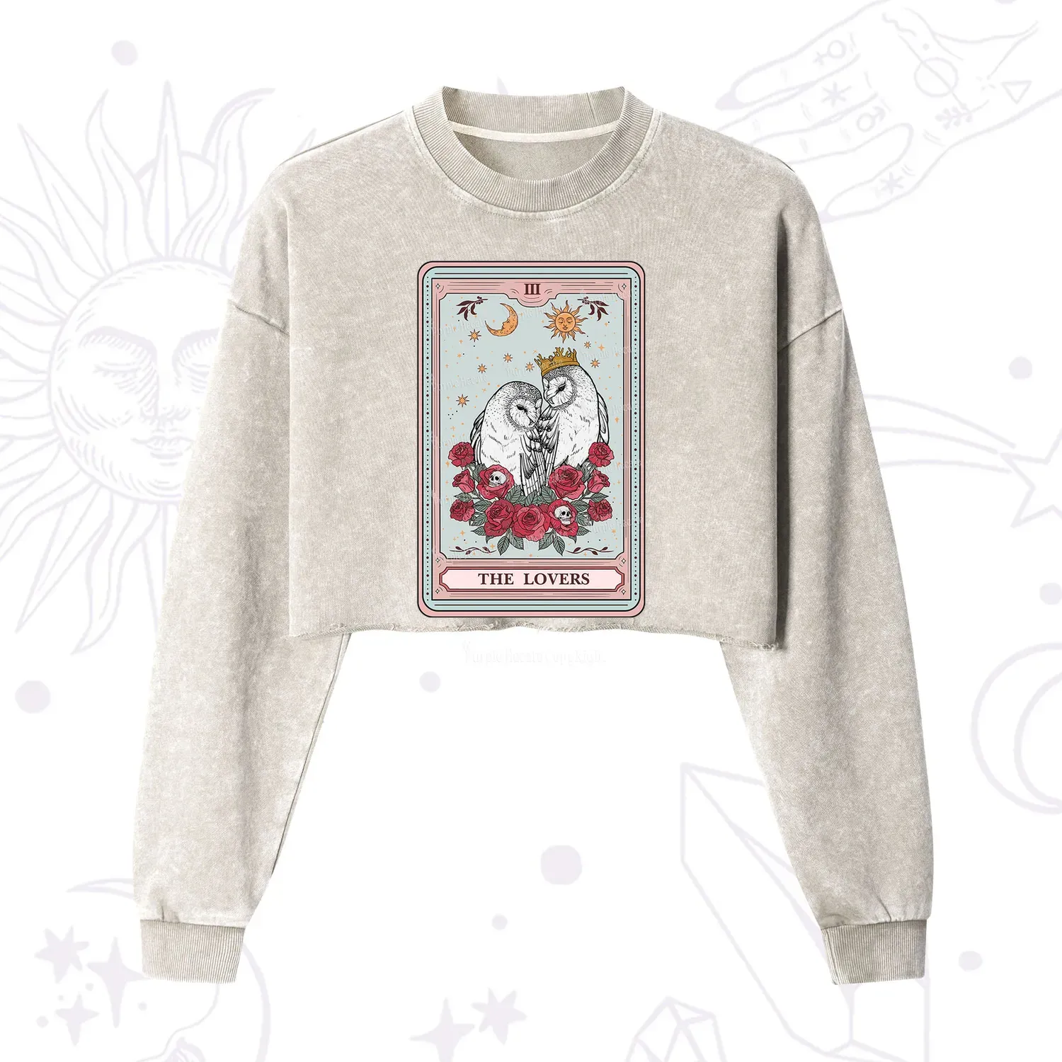 Purplehecate The Lovers Owls Tarot Card Cropped Washed Sweatshirt