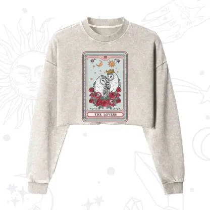 Purplehecate The Lovers Owls Tarot Card Cropped Washed Sweatshirt