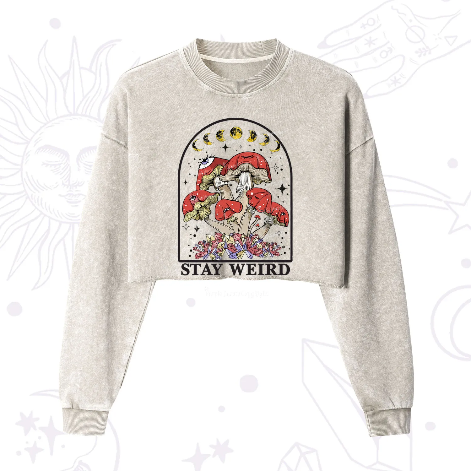 Purplehecate Stay Weird Mushroom Cropped Washed Sweatshirt
